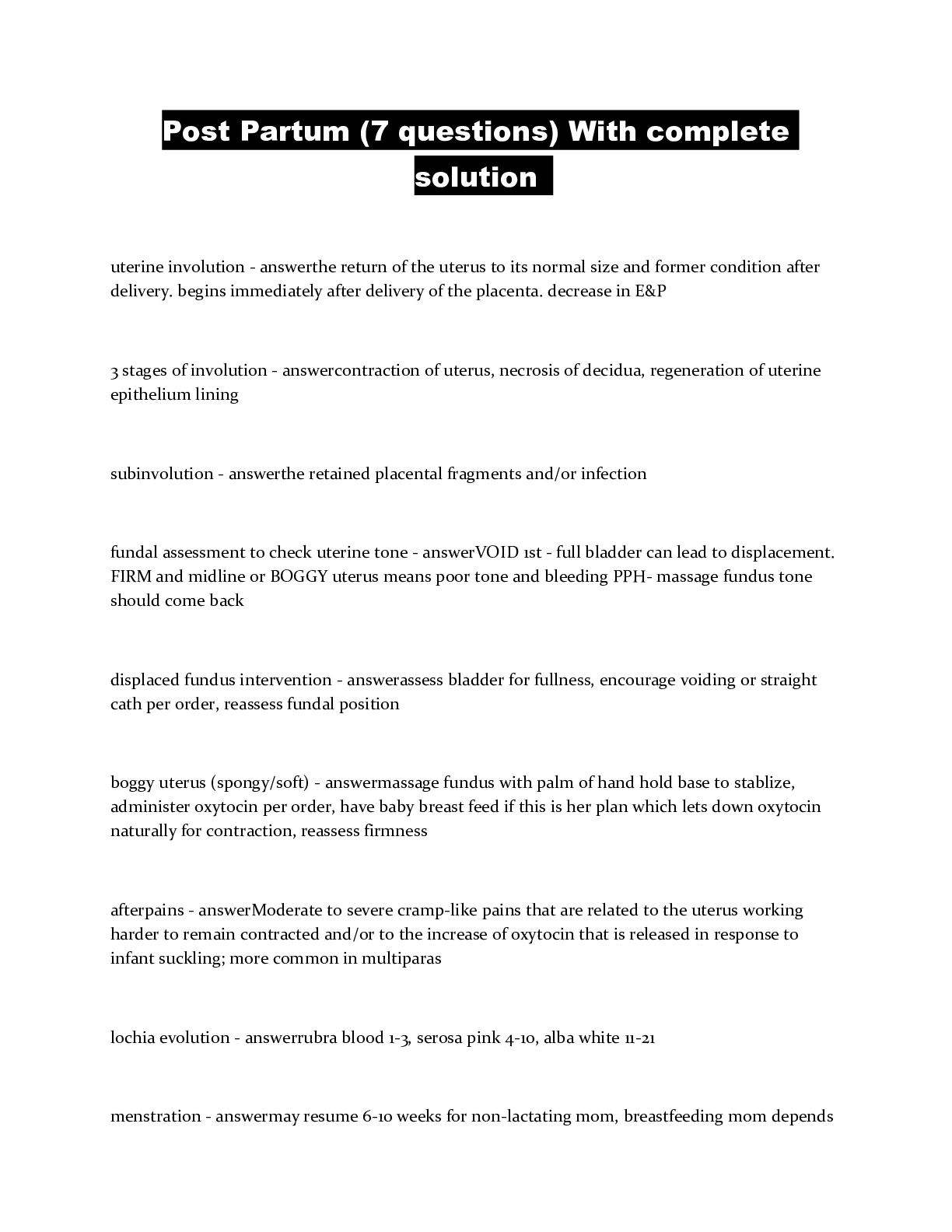 Preview image of Post Partum (7 questions) With complete solution document